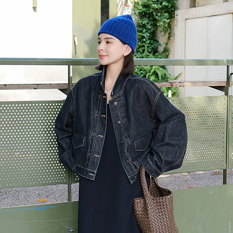 麻霖原创设计2023新疆棉斜纹水洗牛仔布复古时尚显瘦牛仔外套