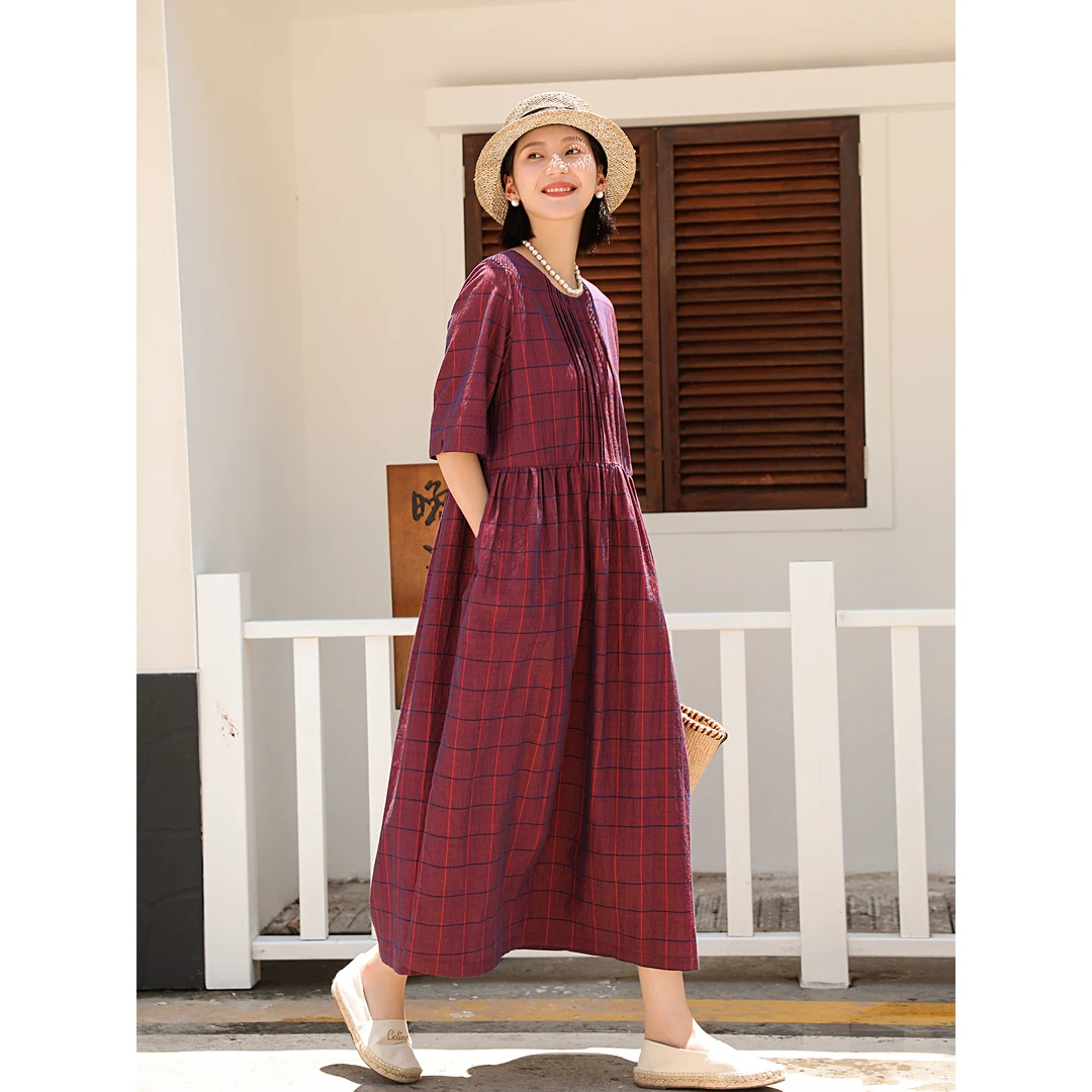 麻霖原创设计羊毛棉混纺风琴复古格纹套头圆领五分袖连衣裙
