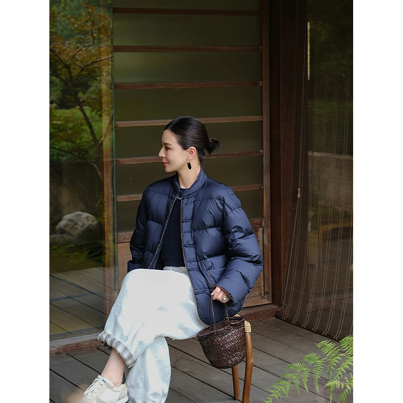麻霖原创设计95白鸭绒藏蓝金棕色新中式休闲宽松服轻羽绒服冬款