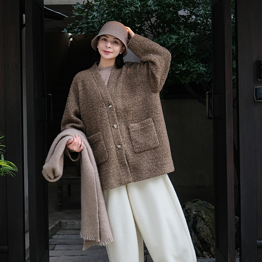 麻霖原创设计澳洲进口羊羔毛双色圈圈纱肌理感爬领宽松中长外套