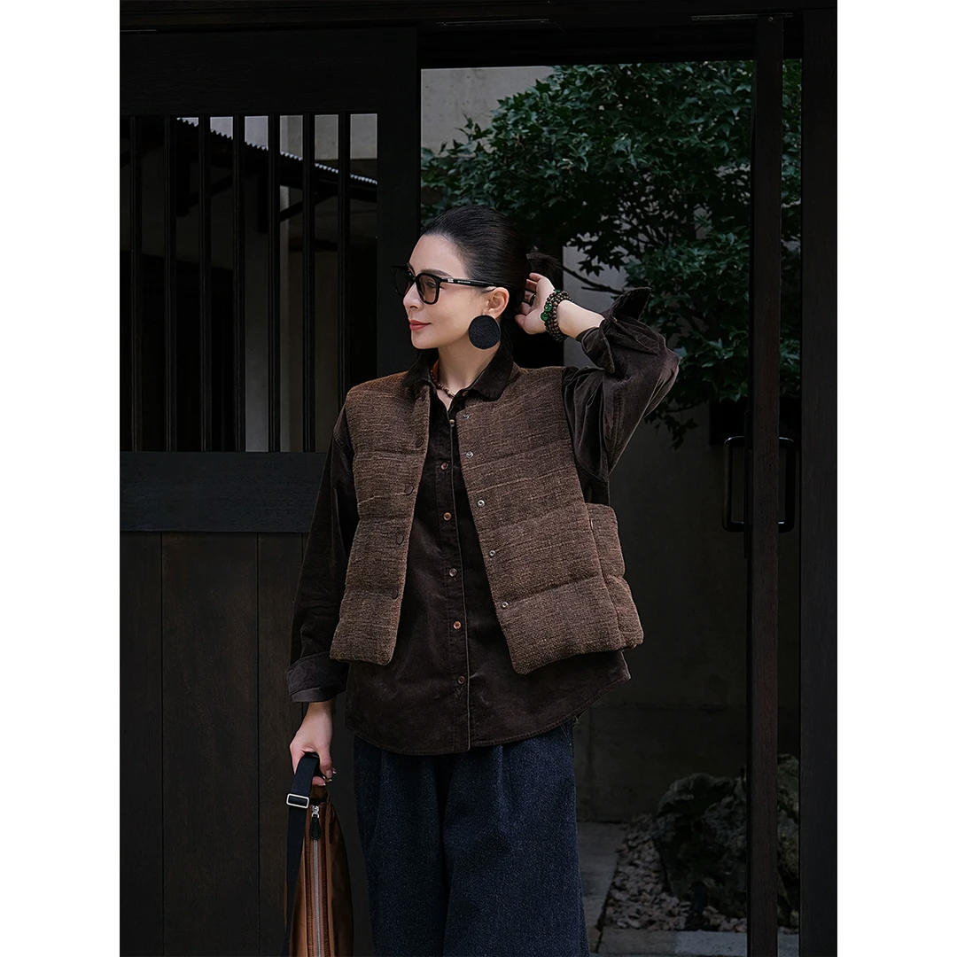 麻霖苎麻棉香云纱90白鹅绒古董布肌理感复古羽绒马甲{时光印记}