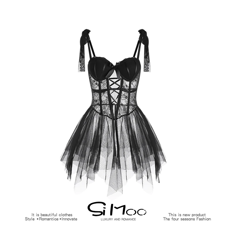 2024新款法式蕾丝钢圈马甲黑色睡裙露背连轻奢衣裙