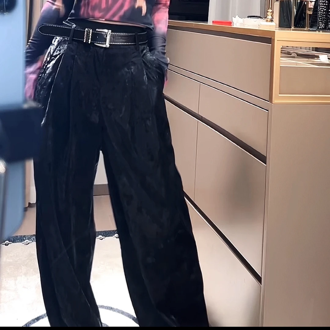 OMS-2024上新高端进口记忆光泽新料高腰时尚直筒阔腿裤黑色2067