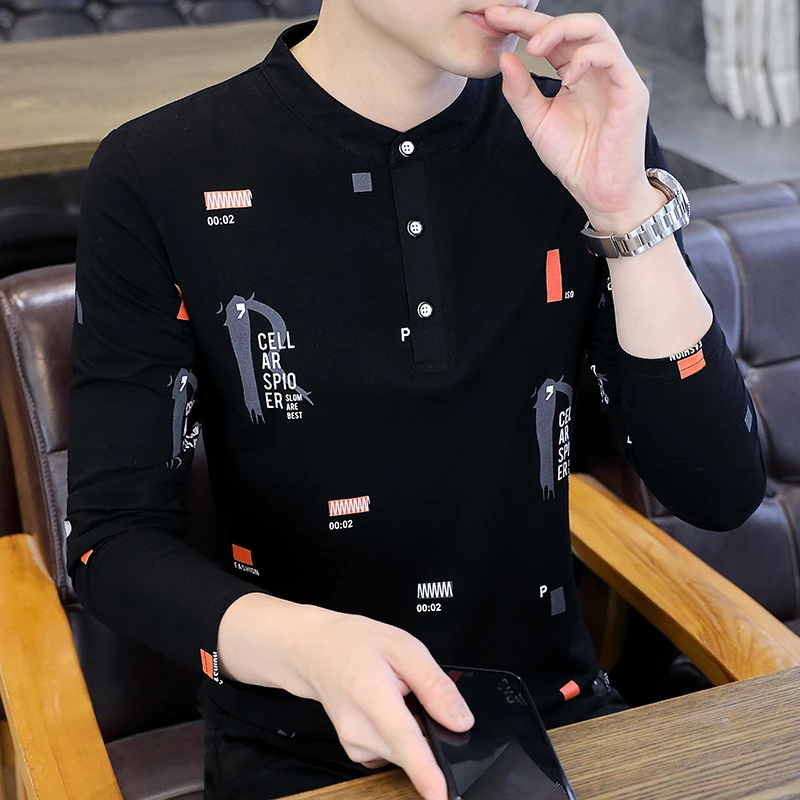 高档纯棉男士长袖T恤春秋季青年韩版修身印花立领男装打底POLO衫