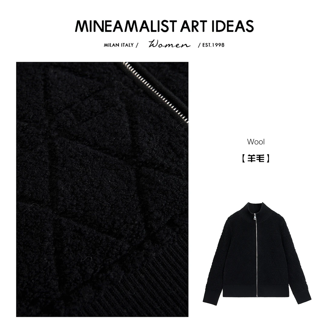 MINEAMALIST ART IDEAS极简立领暗纹菱格羊毛拉链外套ZY1562