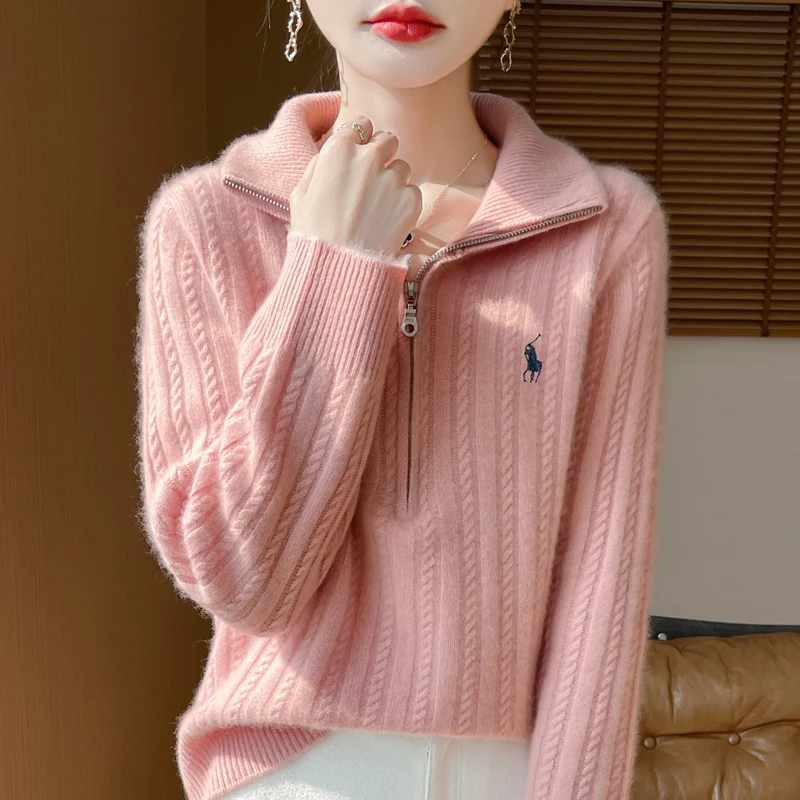 设计感满满~100%纯羊毛衫半拉链半高领减龄厚款气质宽松针织衫