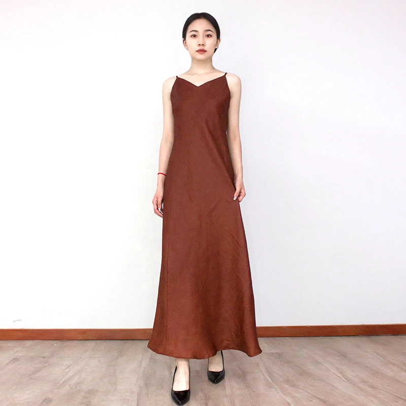 陌上手作桑蚕丝香云纱吊带长裙 时尚可调节肩带长款连衣裙