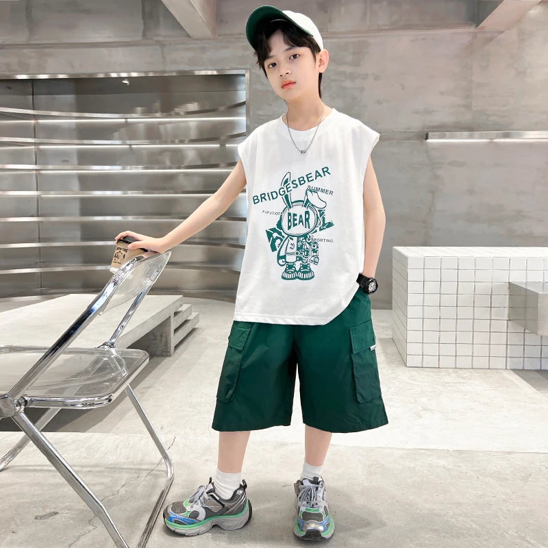 男童酷帅夏装套装新款洋气夏季背心半袖运动潮【倾尘】BF366