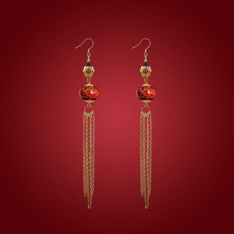 非金属木质耳饰 冬官大漆复古潮流民族风耳环搭配中式风格鎏凤羽