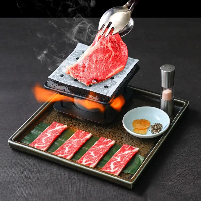 新中式意境火山石烧烤5A雪花牛肉方形岩石板餐具创意酒店用品包邮