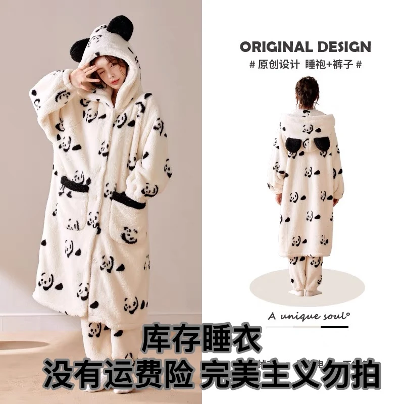 长款家居服冬天加厚加绒大码宽松连帽睡衣保暖家居服
