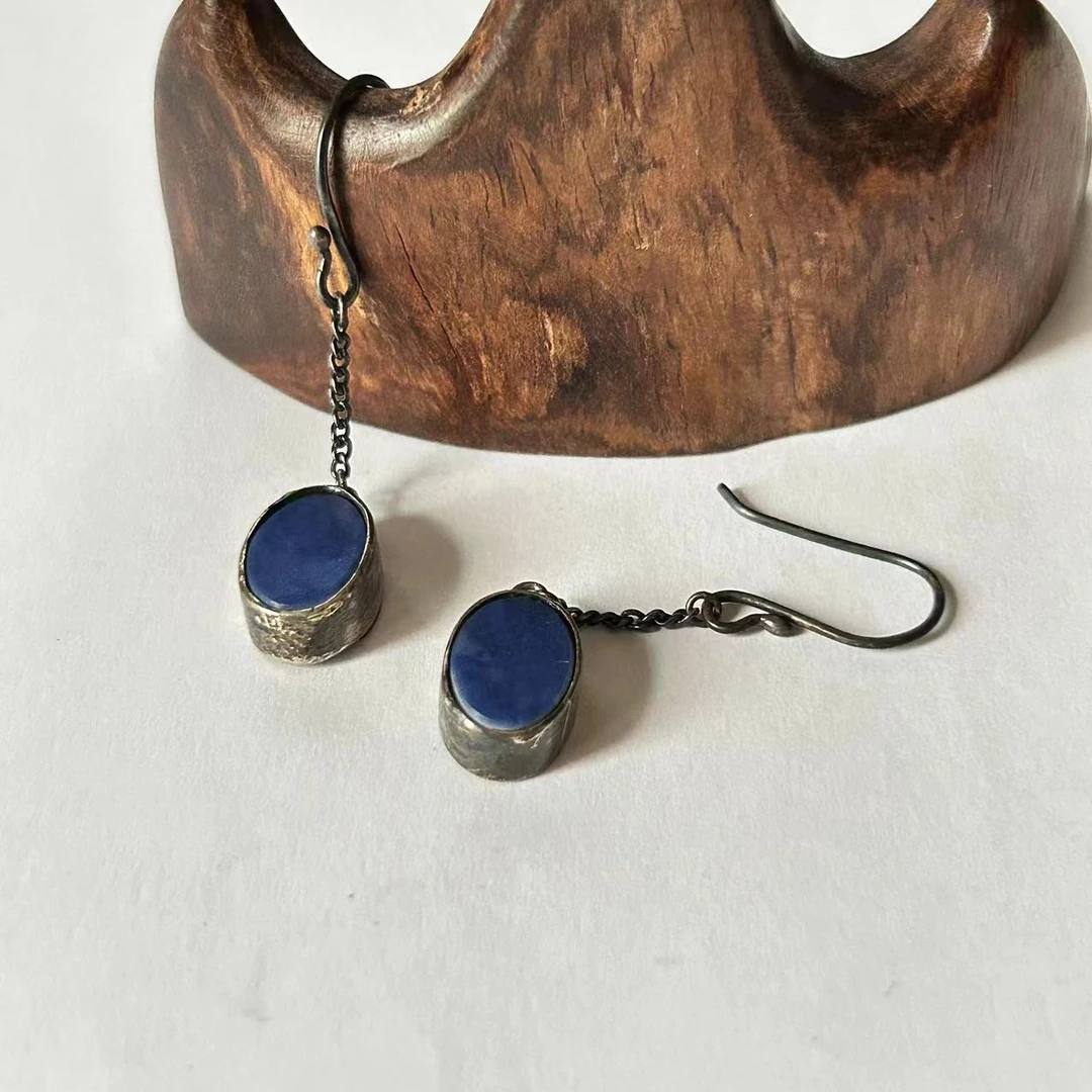 925银陶瓷耳饰 【限量款】925银花丝洒蓝釉瓷片国潮复古风包银耳环