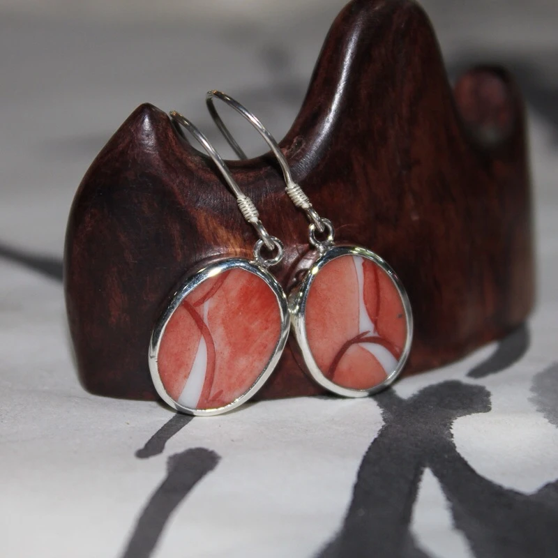 925银陶瓷耳饰 【一号】925银花丝衬底红彩花卉纹老瓷片复古风耳环