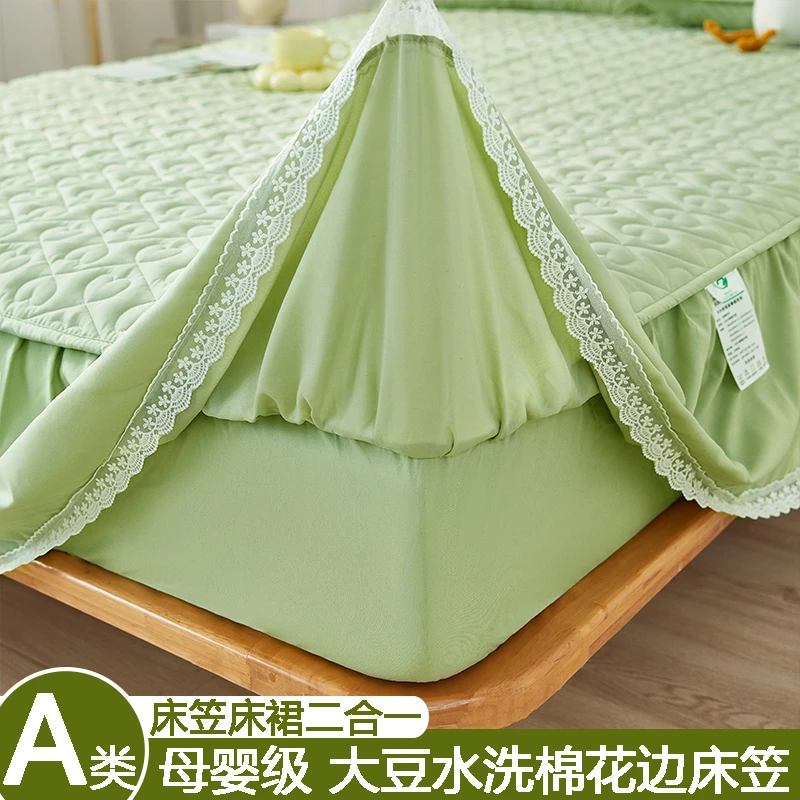 A类花边夹棉床笠单件床罩带裙边简约纯色四季通用床单床垫保护套