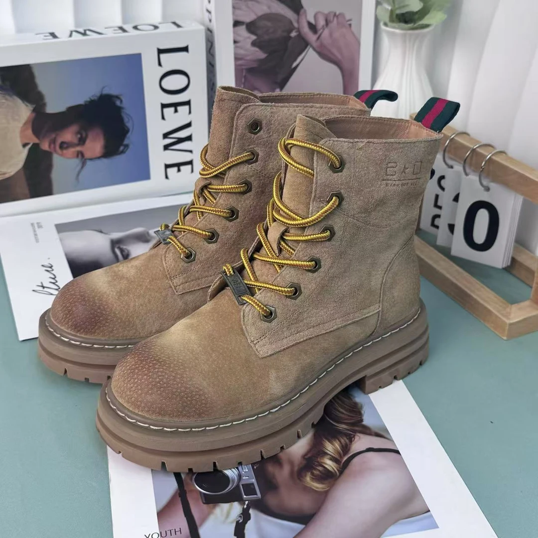 英伦风真皮马丁靴女大黄靴踝靴小个子圆头系带复古短靴