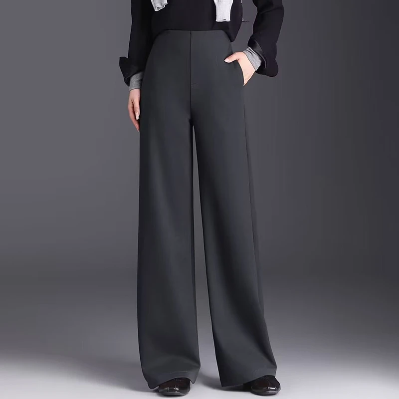 加长拖地毛呢裤秋冬直筒裤女长裤新款高腰休闲裤阔腿裤通勤女裤子