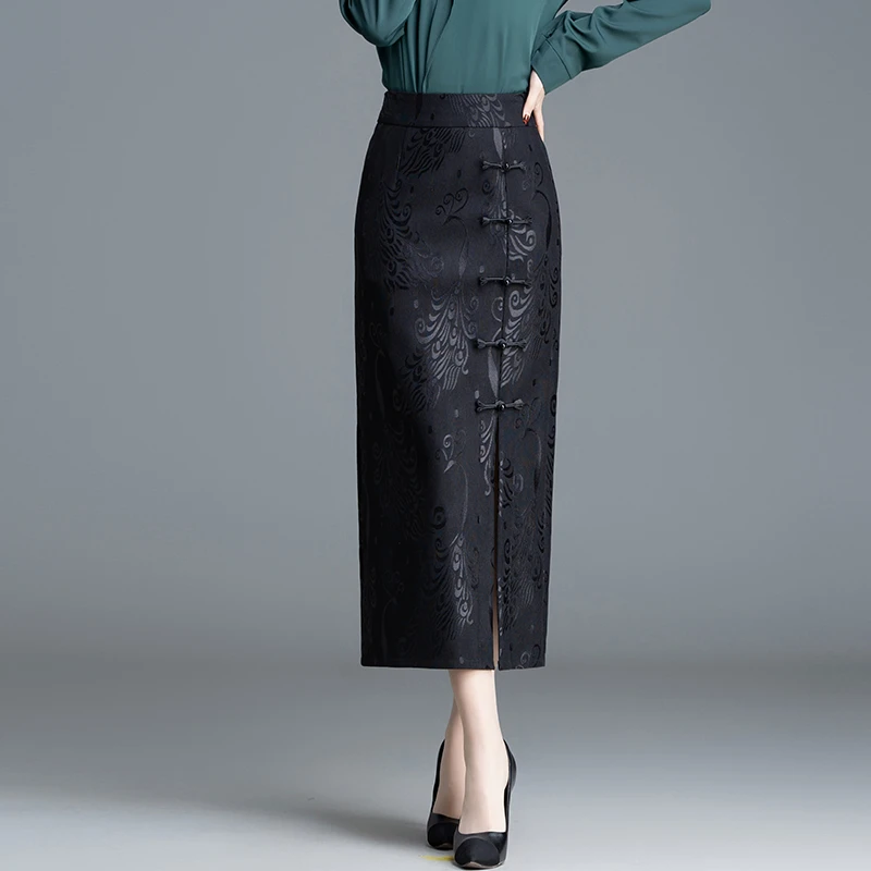 修身中式复古包臀裙高腰开叉半身长裙优雅气质一步裙显瘦春秋半裙