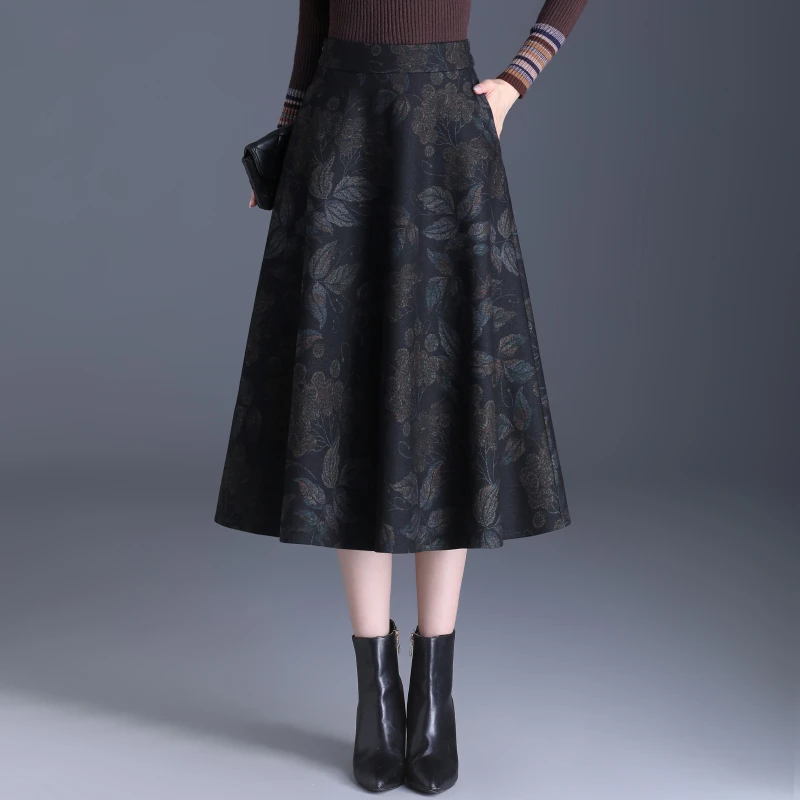 毛呢半身裙女A字裙秋冬季气质高腰印花伞裙显瘦中长款百褶妈妈裙