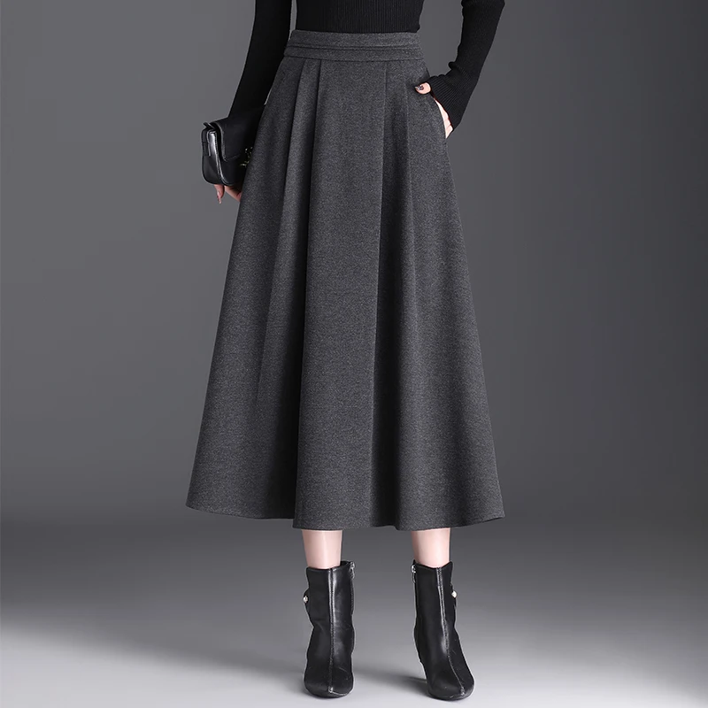 灰色毛呢半身裙女秋冬长裙2025新款高腰显瘦a字大摆裙垂感百褶裙