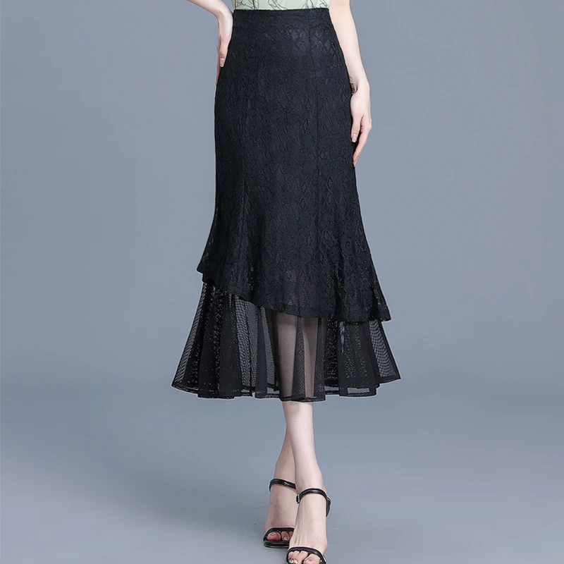 网纱边鱼尾裙半身长裙女2025年夏季新款高腰显瘦蕾丝包臀裙一步裙