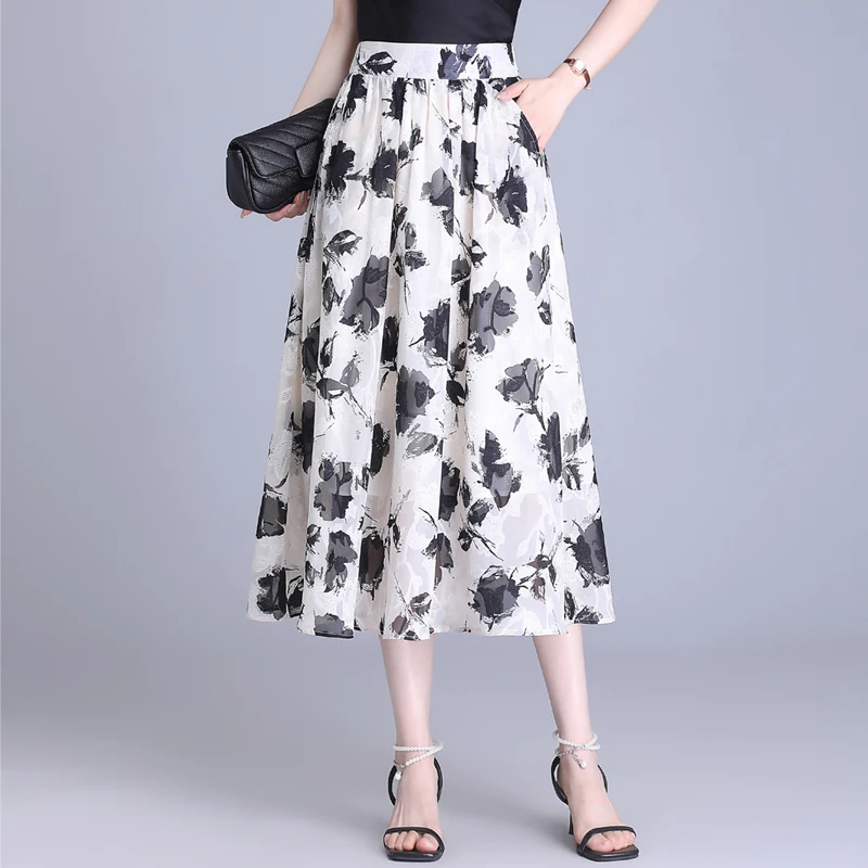 2024新款印花半身裙夏季中长款显瘦a字大摆裙时尚减龄高腰百褶裙