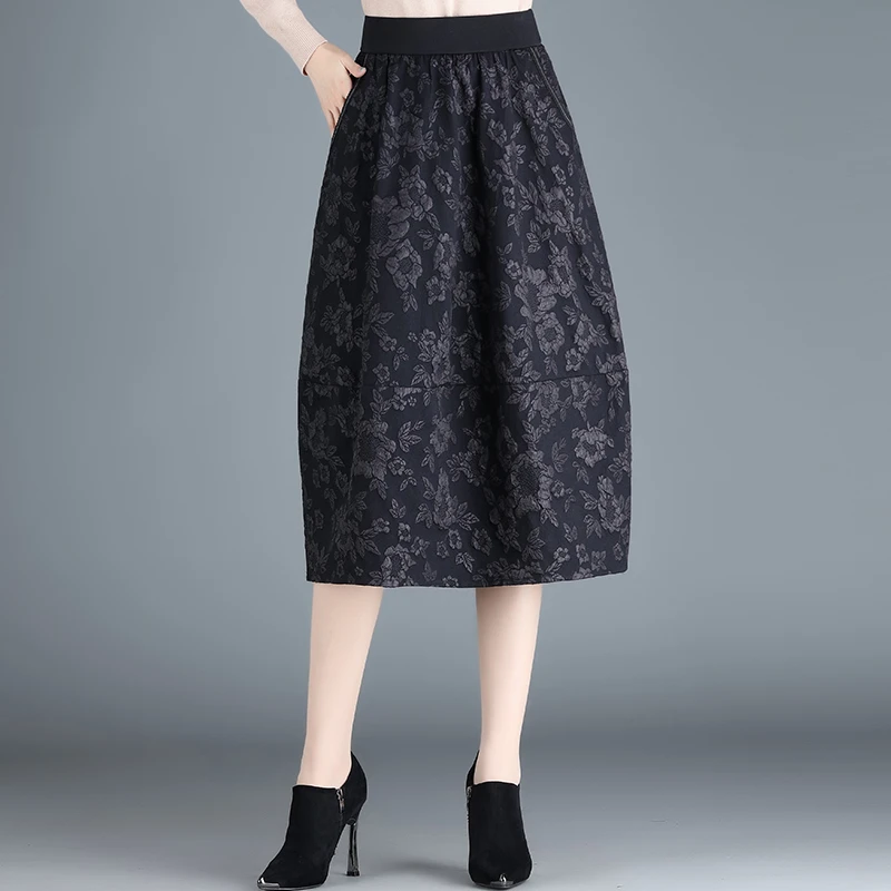 提花裙半身裙女灯笼裙中长款2025春秋新款高腰松紧腰a字裙女裙子