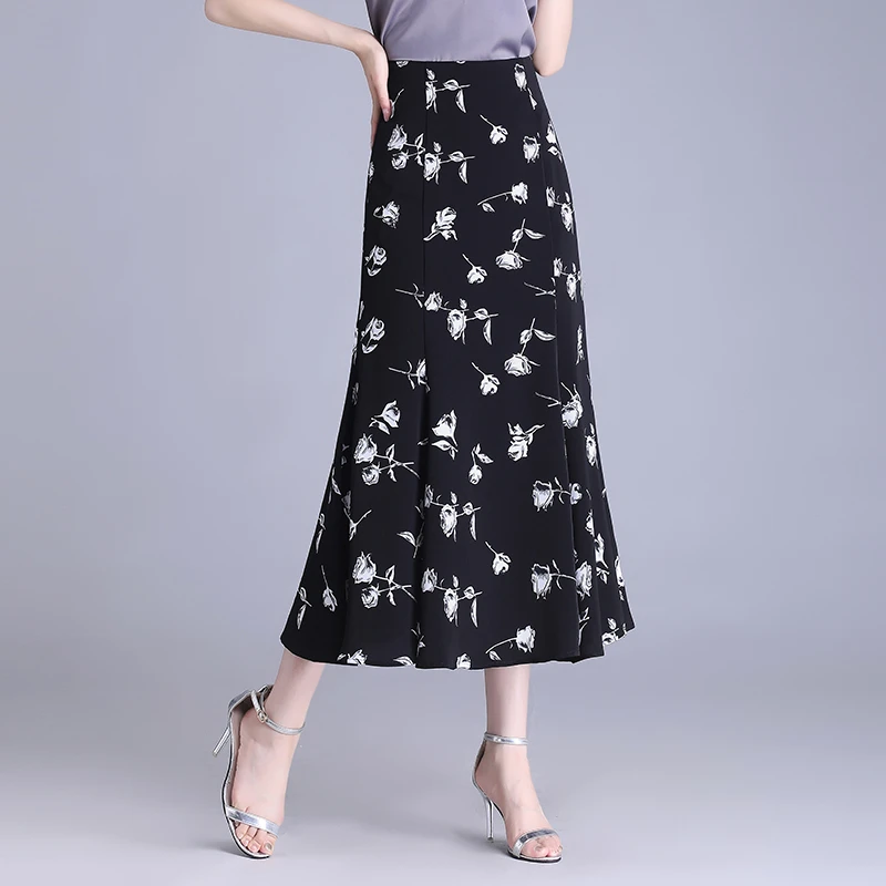高腰A字显瘦夏季碎花尾裙气质修身垂感大摆长裙包臀裙半身裙子女