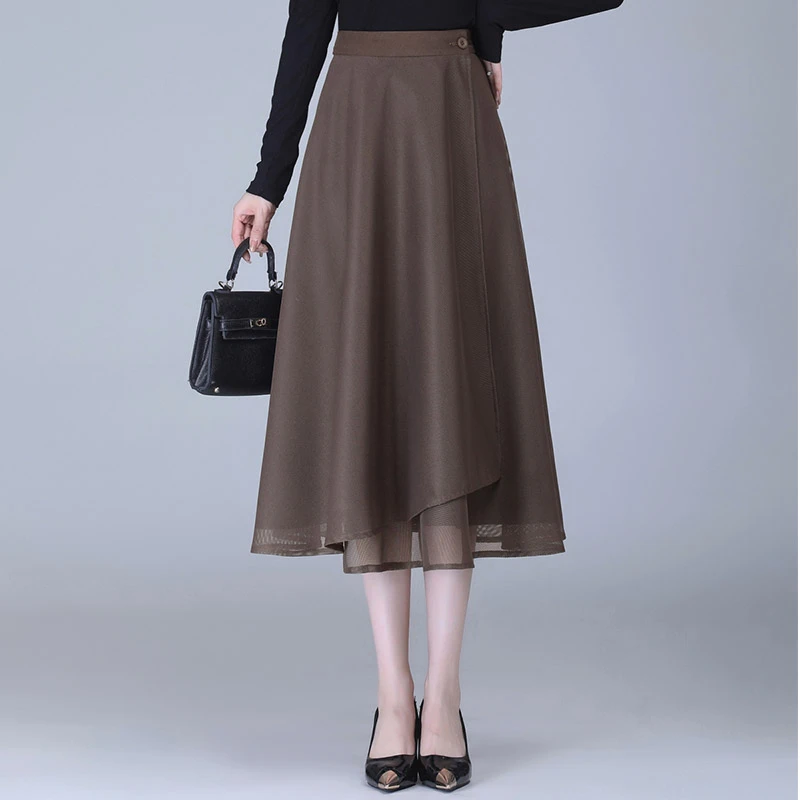 一片式中长款网纱大摆裙女春秋季两面穿半身裙时尚垂感高腰A字裙
