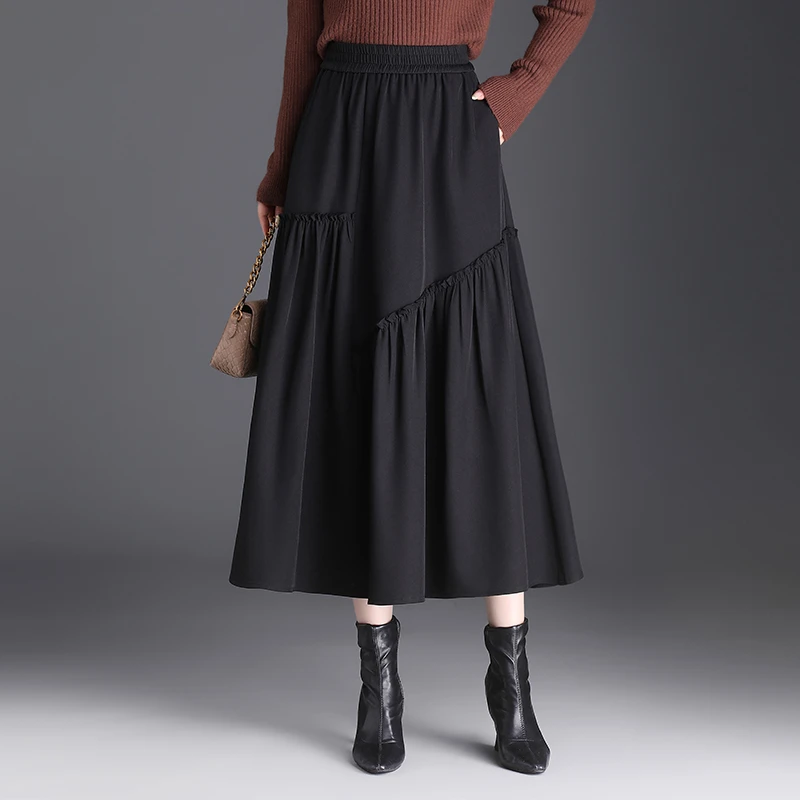 松紧腰垂感半身裙女秋冬遮胯显瘦a字裙中长款百搭大摆裙长裙春夏