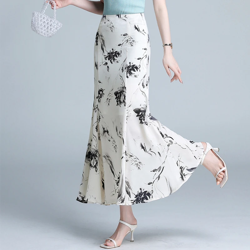夏季薄款水墨花半身裙显瘦a字雪纺长裙修身包臀高腰显瘦鱼尾裙子
