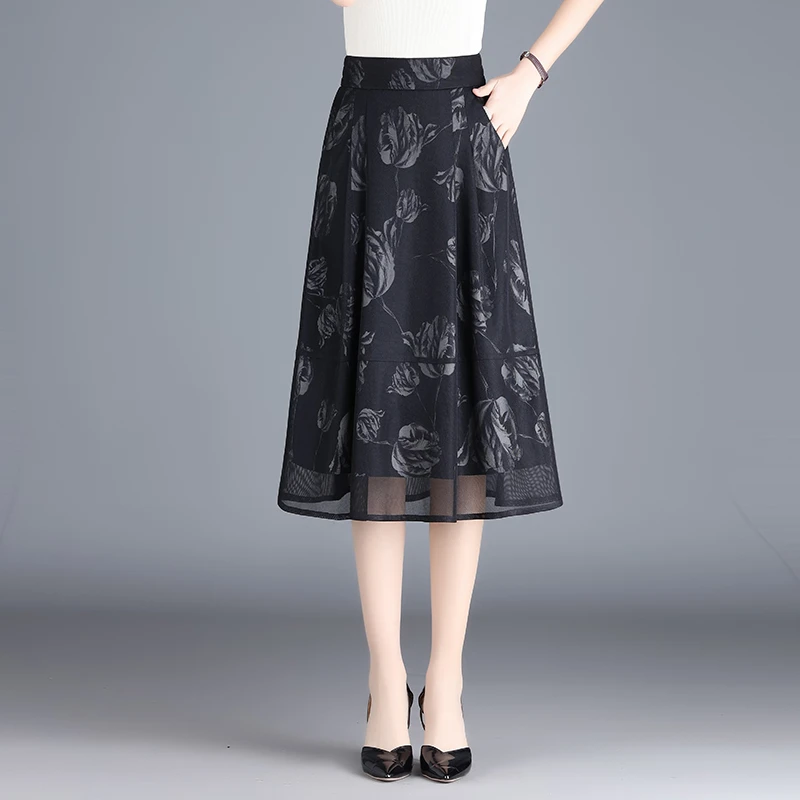 高腰A字半身裙女2025春夏新款印花网纱裙中长款垂感显瘦百褶A字裙