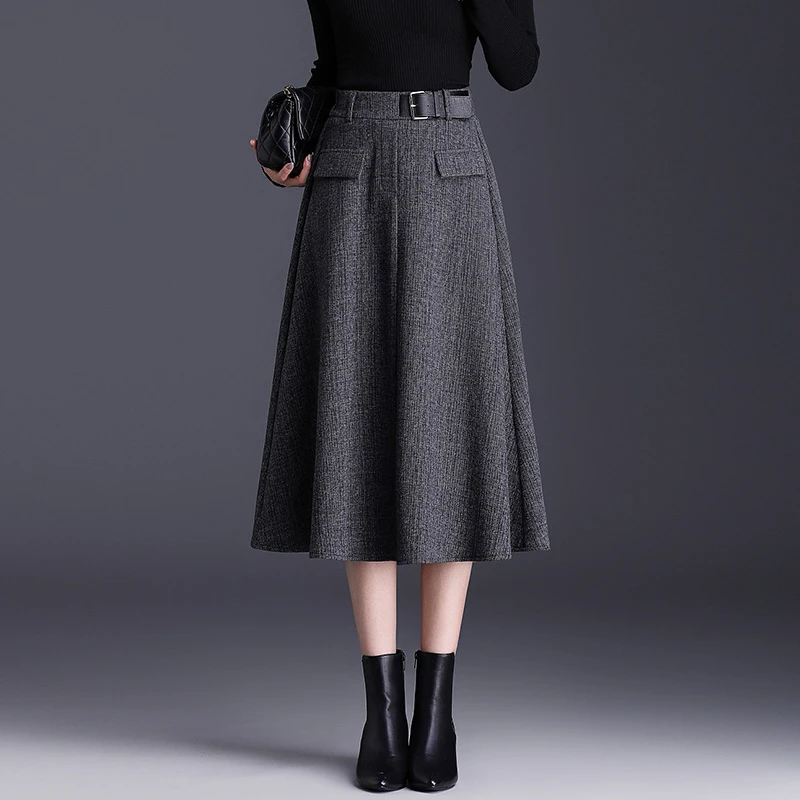 秋冬韩版毛呢半身裙女新款高腰显瘦中长款大摆灰色百褶伞裙a字裙