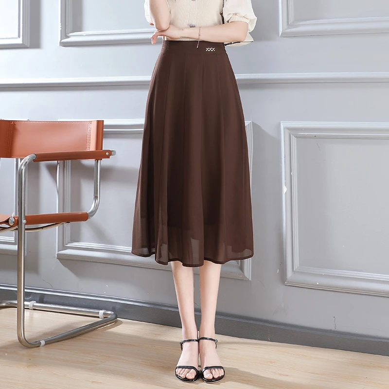 雪纺半身裙女夏季薄款高腰a字裙2025新款垂感显瘦百褶大摆中长裙