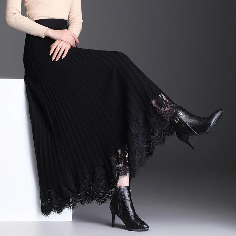 蕾丝边针织半身裙女秋冬长裙2023新款高腰A字显瘦百褶大摆毛线裙