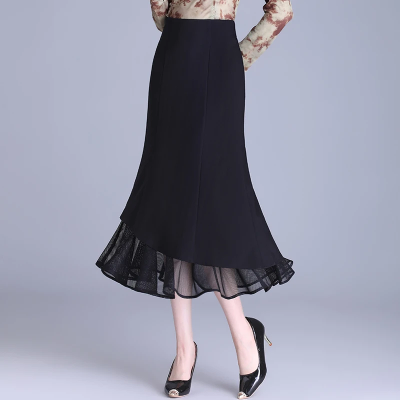 网纱边鱼尾裙半身裙女大码春秋2025新款高腰包臀裙显瘦长款一步裙