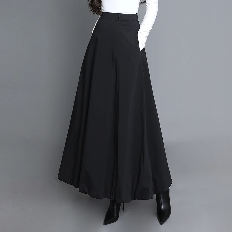 2025春秋长裙半身裙a字高腰大摆黑色显瘦半身长裙百褶蓬蓬灯笼裙