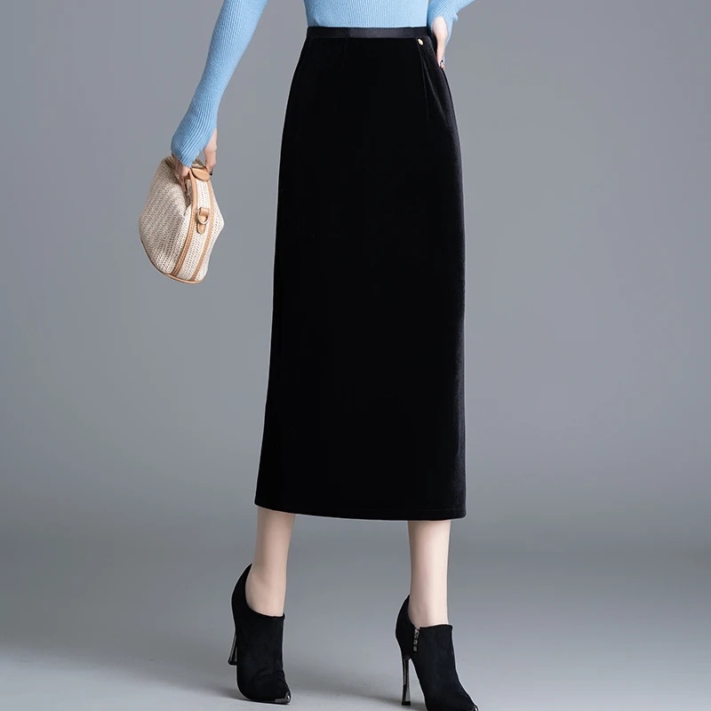 春秋冬黑色金丝绒半身裙高腰显瘦百搭中长款包臀裙直筒长裙一步裙