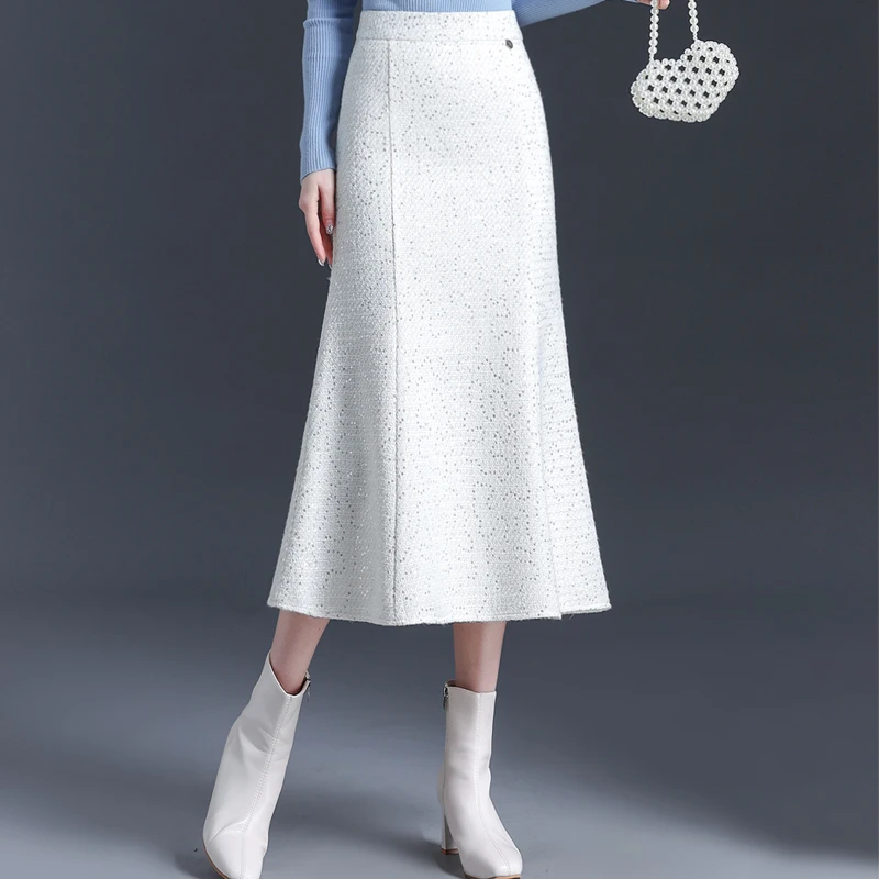 白色长款鱼尾裙小香风亮片裙高级感女裙子春秋冬半裙半身长裙子女