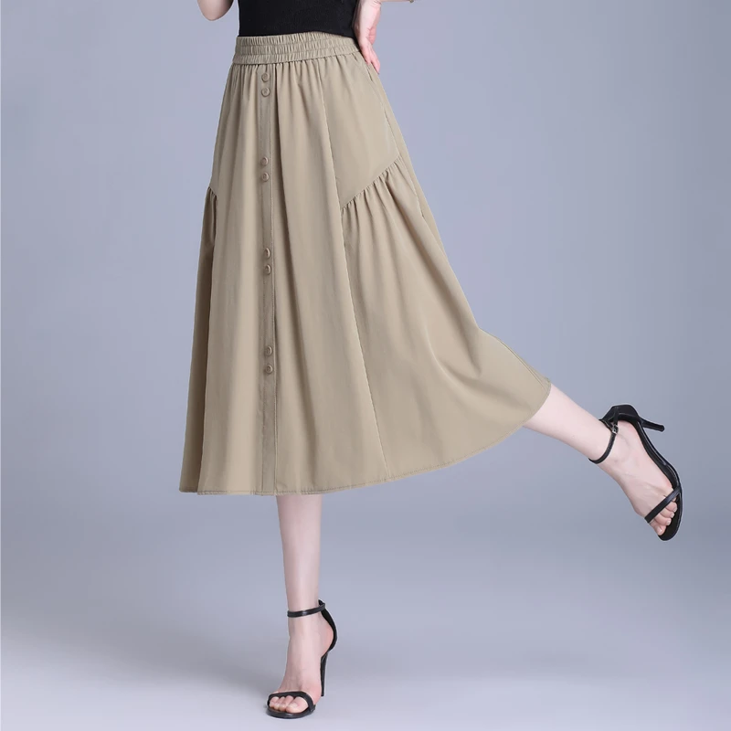 半身裙女高腰夏季薄款小个子a字裙百搭显瘦松紧腰中长款休闲裙女