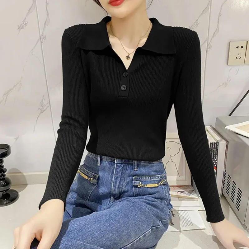 针织衫女春秋季2024新款polo领纽扣时尚百搭打底外穿长袖短款上衣