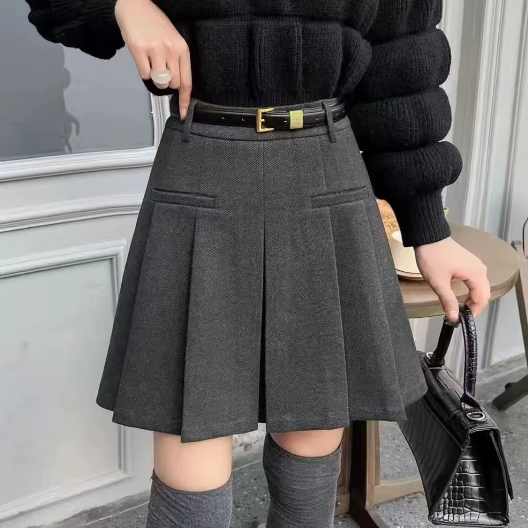 33923#冬季新款显瘦百搭高腰毛呢呢料防走光百褶裙A字裙半裙