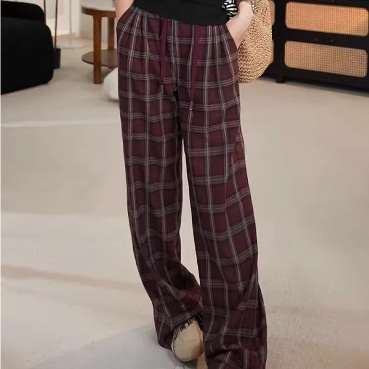 5627#秋季2024新款松紧高腰格子休闲裤显瘦宽松直筒长裤