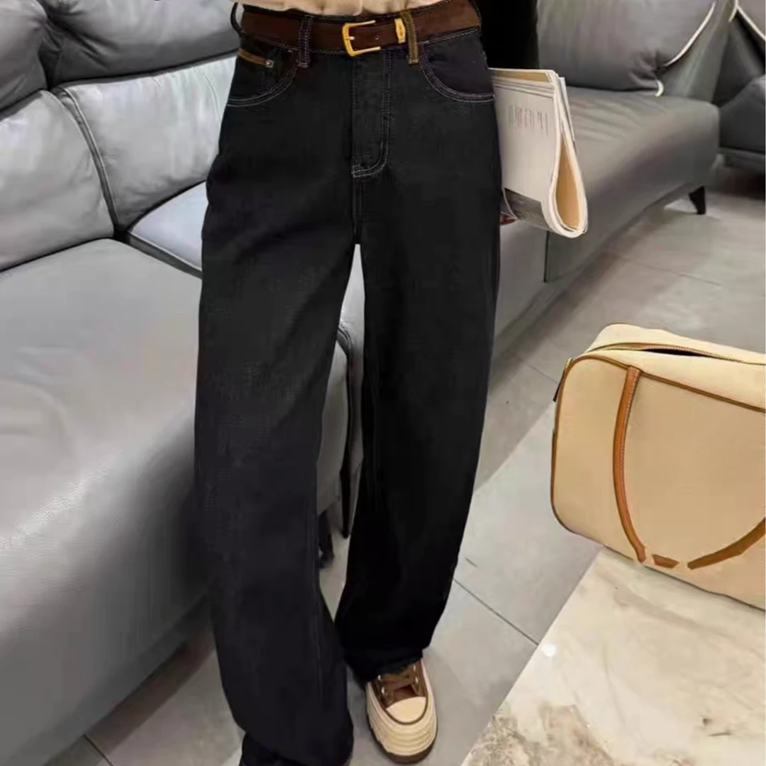 61209#新款冬季女黑金色德绒直筒裤高腰绒毛加厚牛仔裤拖地长裤