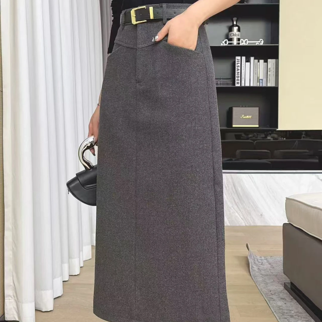 33920#秋冬新款高腰后开叉毛呢半身长裙包臀裙