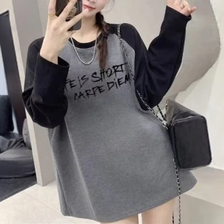 0546#秋冬新款长袖一体绒宽松中长款圆领字母印花上衣