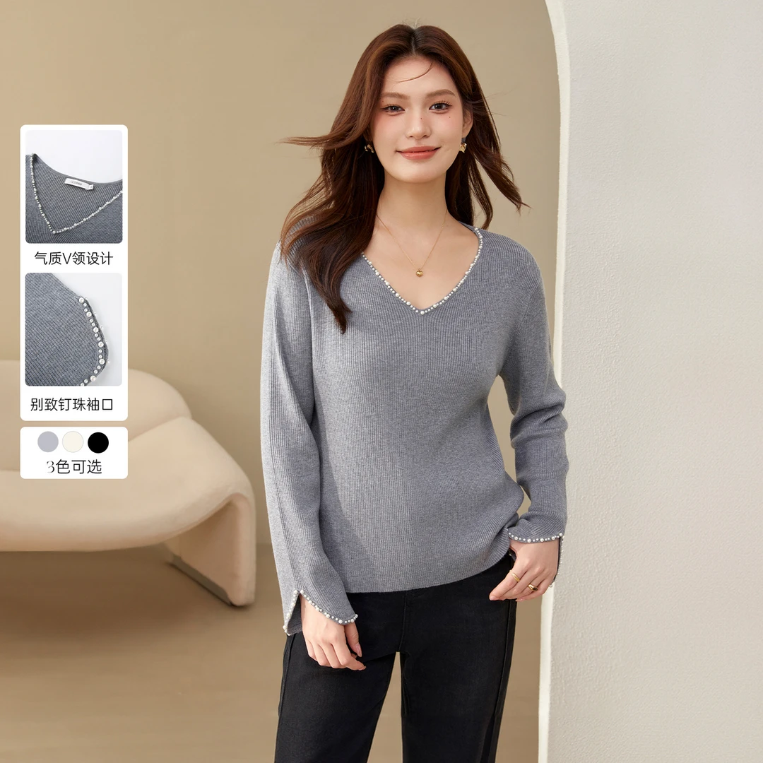 【温柔别致针织衫】纤莉秀大码女装【视频】简约钉珠袖口针织衫QJ4371
