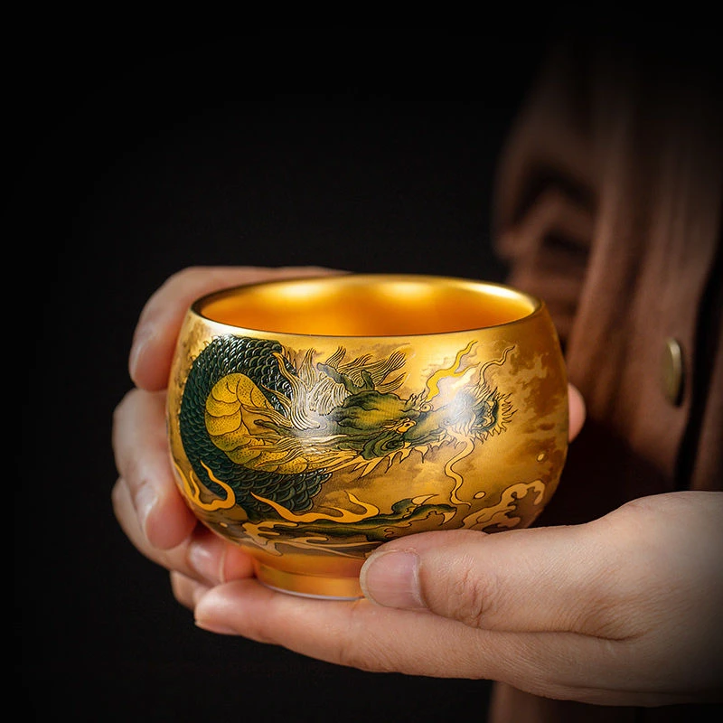 茶杯青龙杯鎏金主人杯陶瓷金盏大师手工品茗杯高档男士单杯茶盏