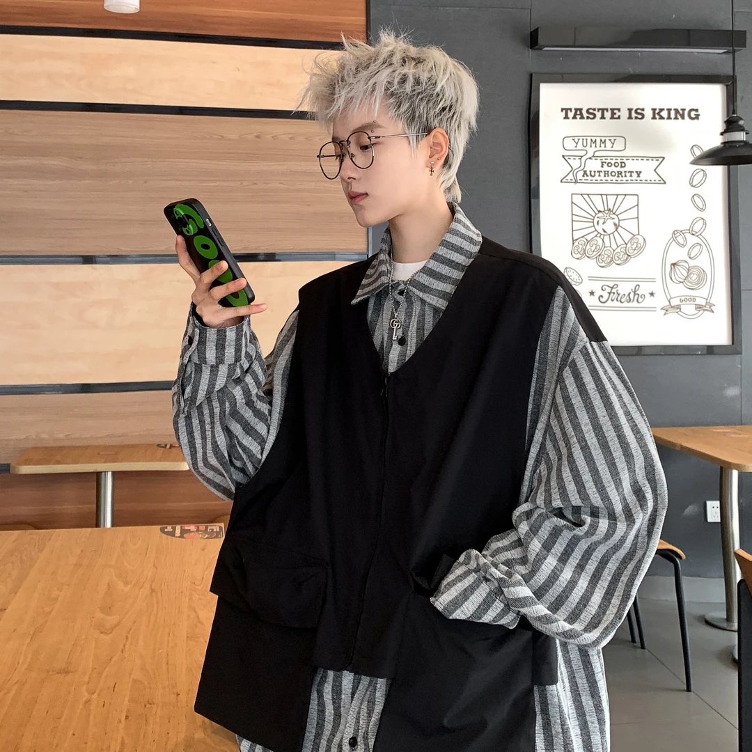 假两件条纹衬衫男2024春季新款日系复古潮牌工装马甲长袖衬衣外套