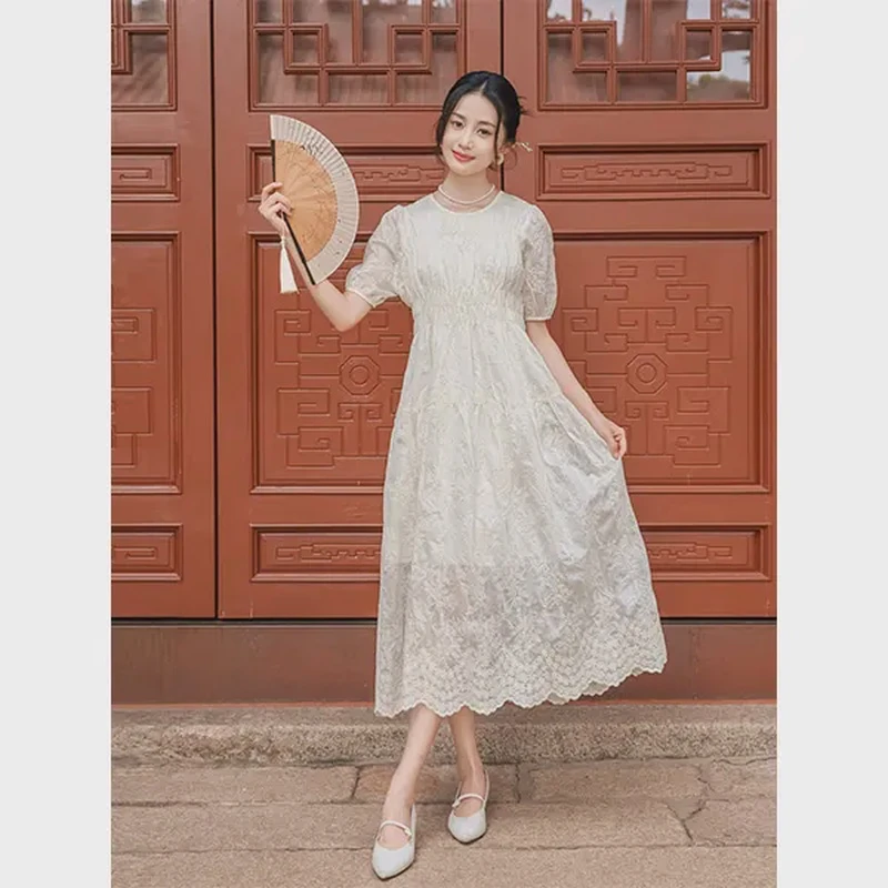 【曼寻光景】茵曼夏季新中式连衣裙女复古气质法式休闲收腰显瘦裙子