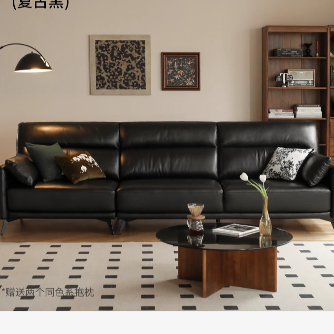 【爆款】源氏木语真皮沙发黑色轻奢客厅头层牛皮直排沙发S03252